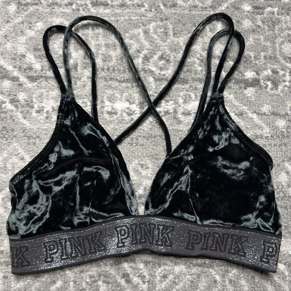 PINK Victoria's Secret Strappy Velvet Bralette Small Black Whimsygoth Goth Glam